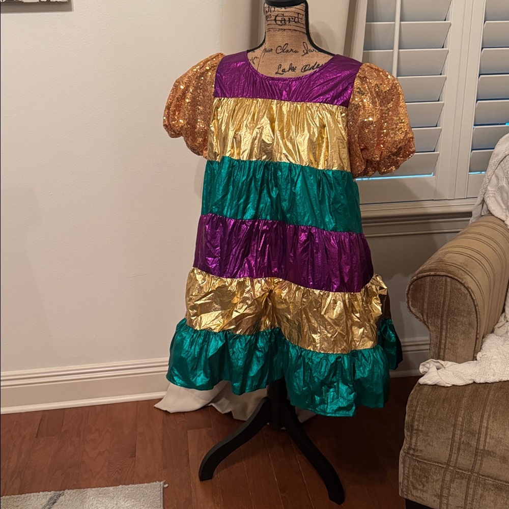 💜💛💚 Fantastic Fawn Purple, Gold, and Green Metallic Sequin MARDI GRAS Dress